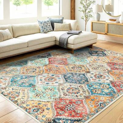 Hodeffior Washable Vintage Area Rugs 120x170cm, Traditional Living Room Rug, Non-Slip Floral Print Carpet For Bedroom, Foldable Short Pile Indoor Mat For Dining Room