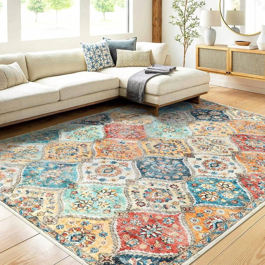 Hodeffior Washable Vintage Area Rugs 120x170cm, Traditional Living Room Rug, Non-Slip Floral Print Carpet For Bedroom, Foldable Short Pile Indoor Mat For Dining Room - Orange - View 1