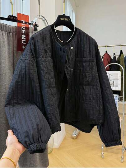 Unique Textured Pleated Round Neck Short Jacket For Petite Women, Stylish For Autumn