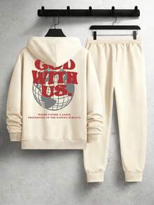 SECRET BASE Men's "God With Us" Religious Globe Graphic Hoodie And Sweatpants Set - Oversized Streetwear Tracksuit - Màu be - Xem 3