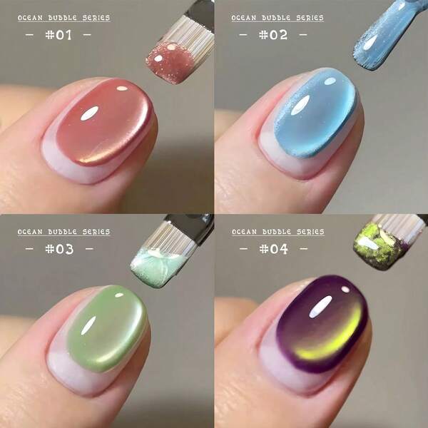 MIANEL Esmalte de uñas en gel de 12ml con burbuja oceánica, cuentas de vidrio azul y efecto de ojo de gato, estilo 2025 con acabado transparente y brillante para uñas azules y de otoño