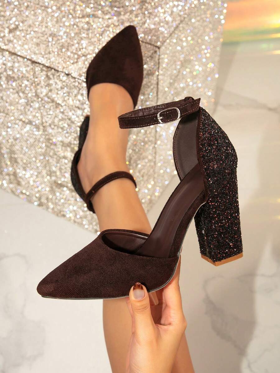Women's High Heel Shoes, Elegant Comfortable Fashion Pointed Toe Hollow-Out Pumps, Coffee Brown Fabric With Glitter Patchwork Strap High Heel Sandals,Burgundy Heels,Chunky Heels