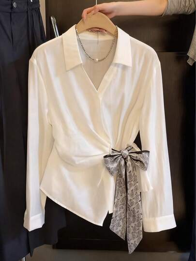 Bufanda de alta calidad para mujer que estiliza, blusa de color blanco sólido con cierre asimétrico de botones, para primavera/otoño/invierno