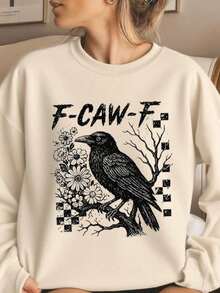 Crow F-CAW-F Fun Halloween Gothic Floral Plaid Sweatshirt, Women Autumn Clothing, Nightmare Before Christmas, Halloween Costumes For Women, Loose Fit Crew Neck Long Sleeve Casual Pullover2025 - Mơ nhạt - Xem 2