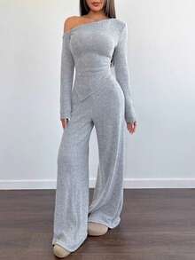Set de 2 piezas de pijama informal para mujer compuesto por camiseta asimétrica de felpa y pantalones anchos de pierna ancha, para invierno - Gris - Ver 4