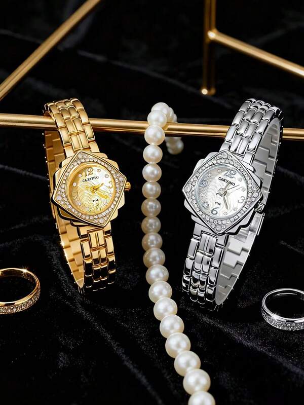 CARYINO Unique Niche Design Rhinestone Dial Classic Fashion Strap, Elegant Gold & Silver Color Women's Wrist Watch, Suitable For Daily Wear, Holiday Gift, Fashion Accessory