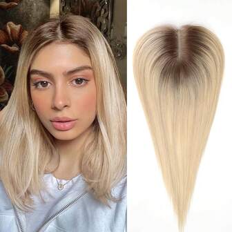 Hårtoppare med äkta hår 4*4,8 tum, bekväma och mjuka slingor, blonda färger, sidenbas, äkta hårtoppare för kvinnor, täcker grå rötter