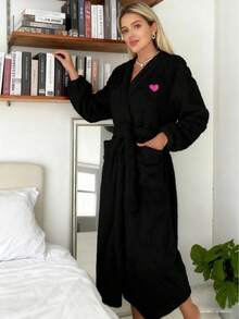1 chiếc áo choàng ngủ bằng vải nhung mềm mại, thêu hình trái tim, có thắt lưng, thích hợp mặc nhà ấm áp lãng mạn cho nữ, mùa thu/đông. - Nhiều màu - Xem 5