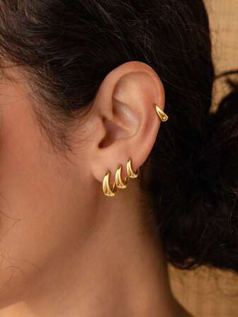 3 pares de pendientes de aro gruesos pequeños para mujeres - Pendientes de aro abrazadores chapados en oro de 14K delicados e hipoalergénicos, ligeros, para apilar en múltiples perforaciones