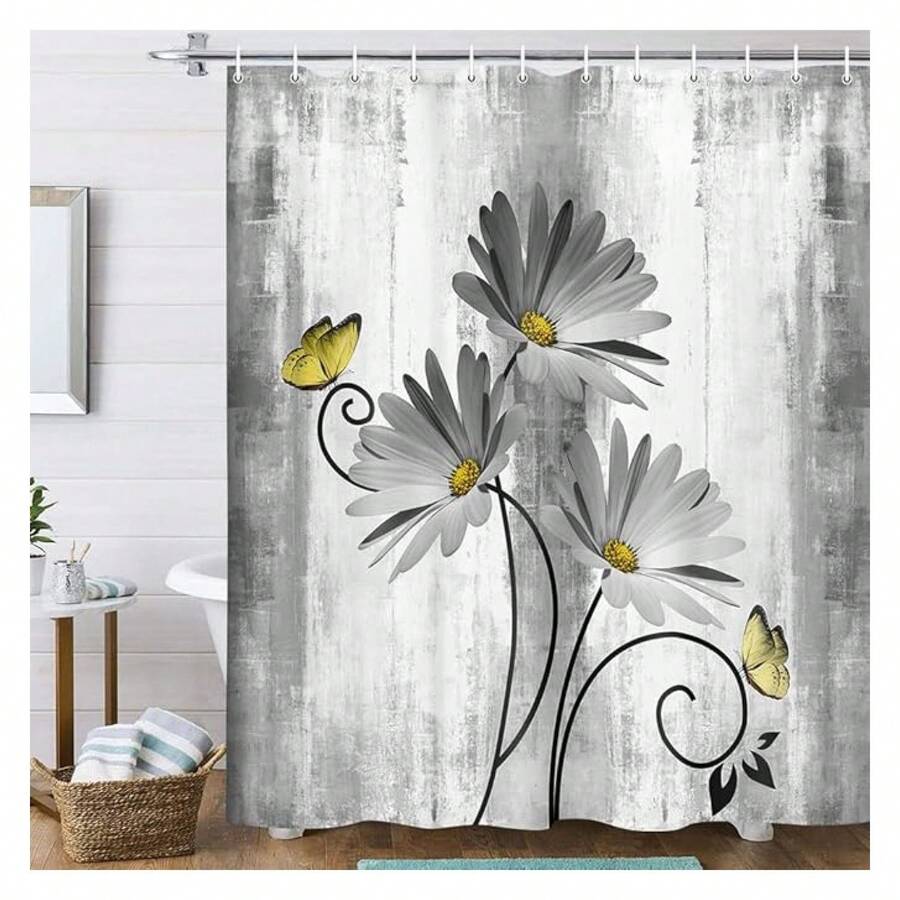 Rustic Farmhouse Shower Curtain - Gray Daisy Floral With Butterfly On Country Wooden Background For Bathroom, White Yellow, 60x70IN, 12 Hooks Included - 多色572 - 查看 1