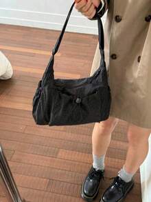 Plaid Women's Shoulder Bag, Casual Versatile Foldable Zipper Closure Adjustable Strap Handbag, Suitable For Daily Use, Students/College, Minimalist Cute Pleated Multi-Pocket Drawstring Front Pocket Tote - Multicolor - View 3