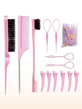 14件套美发工具套装，包含4个法式编发工具、1个环形编发工具、1把尖尾梳、1把蓬松梳、1把双头梳、彩色橡皮筋和6个鸭嘴夹（女孩适用）。