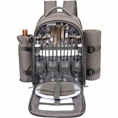Picnic Basket Backpack 4 Person With Blanket, Wine Holder, Cooler Compartment, Cutlery Set, Couples, Ideas, Engagement Gifts, Gray 3065 - G