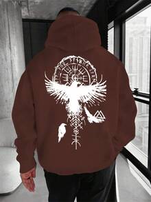 Sudadera con capucha de hombre azul marino con estampado geométrico de cuervo - Diseño de cordón ajustable, bolsillo canguro,% poliéster, lavable a máquina, ajuste regular, suéter casual de cuatro estaciones, moda urbana, patrón llamativo, sudadera cómoda, sudadera impresa, ropa de estar, estilo urbano, tela de poliéster, cómoda de usar - Negro - Ver 6