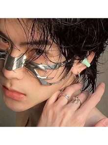 1pc Cyberpunk Metal Face Mask, Unique Asymmetric Fluid Design, Random Style - Multicolor - View 7