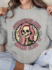 Overstimulated Moms Club Skeleton Pink Hair Coffee Cup Print Long Sleeve Sweatshirt Women Round Neck Sweatshirt Casual Comfortable Everyday Wear - 灰色 - 查看 1