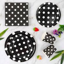 Black & White Polka Dot Disposable Plate, Napkin, Cup Set, Plates, Napkins And Cups Party Supplies, Serves 8 Guests, Disposable Paper Plates Party Tableware Suitable For Birthday, Wedding, Theme Party, Family Picnic - Multicolor - View 4