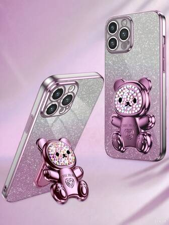 Nuovo set completo di custodia per telefono con rivestimento elettrolitico anti-caduta, cartone glitterato, orsetto dipinto a colori e supporto nascosto rivestito elettroliticamente, adatto per iPhone 17/6/7/8/X/XS/XR/11/12/13/14/15/16/16e, Galaxy S22/23/24/25/S24 FE/S25 EDGE, A04/05/06/A07/A14/A15/A16/A17/A24/A25/A34, Mi Note 9/10/11/12/13, Mi 9/10/12/13C 14C, OPPO, MOTO, Honor X, HW, RENO Realme C53 C55