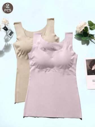 2pcs Seamless Women Camisole With Padded Bra, Gather Bust, Comfortable For Sleeping, Yoga, Sports