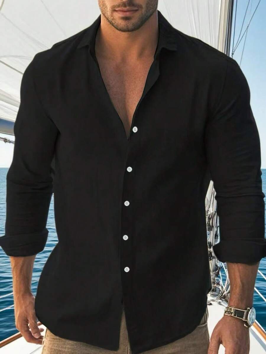 1 pieza Camisa de botones de lino transpirable para hombres, estilo casual elegante adecuado para uso diario, viajes a la playa, cafeterías al aire libre, excursiones de fin de semana y días laborales casuales