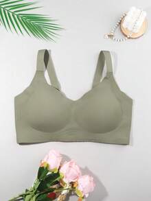 Plus-Size Green Women's Underwear, Solid Color, Wire-Free, Full Coverage, Wide Shoulder Bra, Elegant, Youthful, Comfortable, Breathable, Suitable For Sports, Yoga, And Home Use. - 綠色 - 查看 4