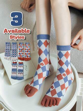 1/3 Pairs Women Retro Plaid Floral Five Toe Socks, Versatile For Daily Wear, Commuting And Home, Suitable For All Seasons, Autumn/Winter