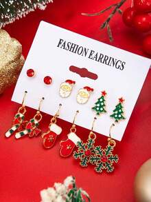 Christmas Tree Earrings Set, Oil-Dripping Snowflake Elk Pendant Stud Earrings, Bow Christmas Cap Earrings Colorful Christmas Tree Earrings, Christmas Party Earrings - Gold - View 8