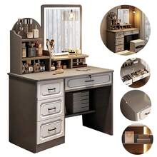 Tocador De Dormitorio C/ Espejo Led Estante Almacenamiento Gris - Gris - Ver 12