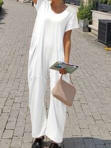 Women's Casual Home Daily Jumpsuit, Jumpsuit, Workwear, Suitable For All Seasons, Minimalist Women's Clothing - 白色 - 查看 3