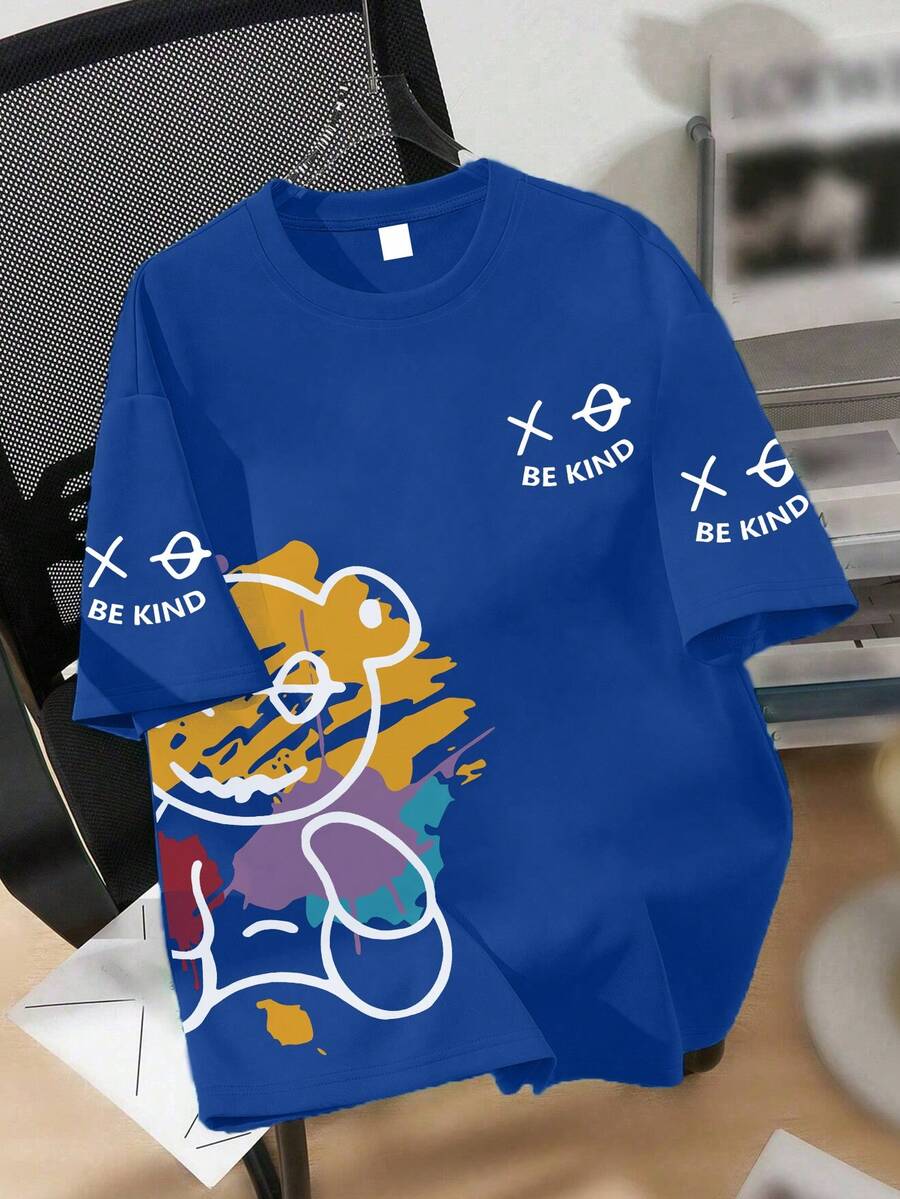 Teen Boys Street Graffiti Bear Design, Short Sleeve Loose Soft Cool Tee, Street Casual Wear Summer, Boys Tops - Blue - View 1