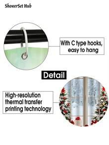 1/3/4pcs Christmas Winter Shower Curtain Set With Gift Balls, Snowflake, And Bow, Red And Green Polyester Fabric, Washable, U-Shaped Toilet Lid Cover, Non-Slip Bath Mat, Festive Holiday Bathroom Decor With 12 Hooks - Multicolor - View 7