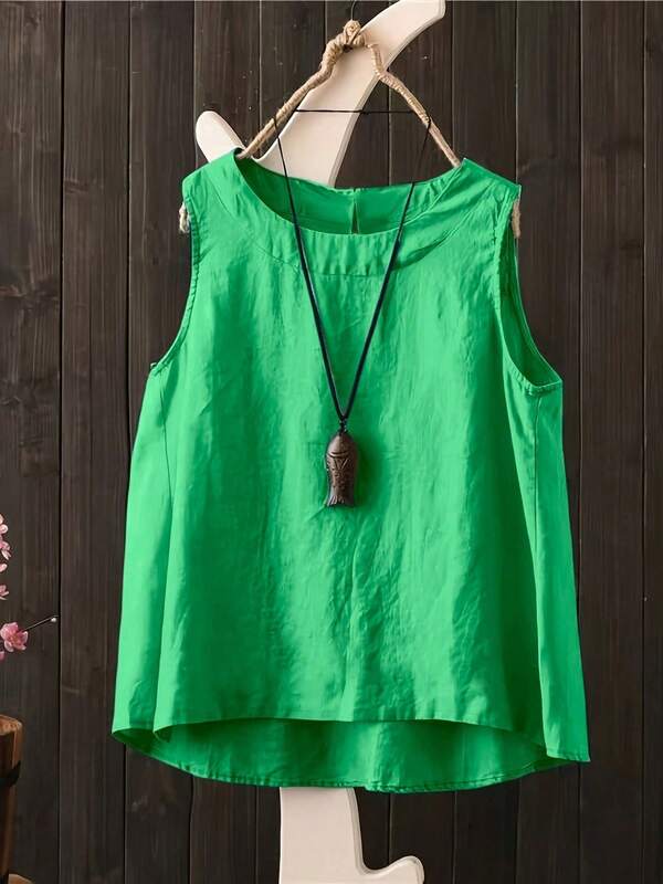 Women's Casual Sleeveless Loose Fit Round Neck Bohemian Tops, Suitable For Summer, Available In Mint Blue/Rose Red/Yellow/Green/Apricot/Black/White