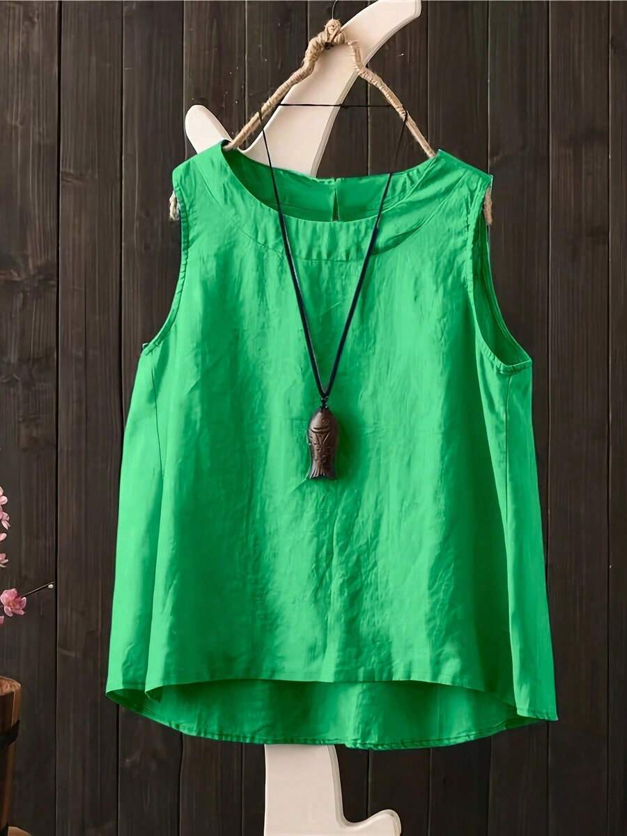 Women's Boho Linen Sleeveless Top, Casual Loose Fit Green Tank Top, Artisan-Made Summer Blouse For Beach, Daily Life & Vacations - Green - View 1