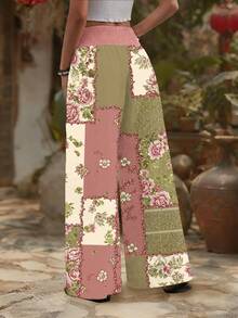 1pc Floral Print Pocket Drawstring Waist Plus Size Elegant Wide Leg Pants, Suitable For Vacation Pink Spring - Pink - View 6