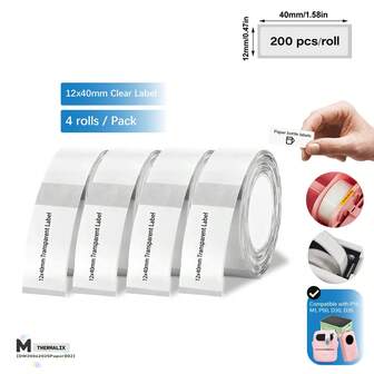  4卷装，适用于Phomemo D30和Marklife P15热敏标签打印机的透明不干胶标签，尺寸为12毫米 x 40毫米，每卷200张，纸质，适用于M1/P50/P12透明标签锥形打印机，尺寸为0.47英寸 x 1.57英寸。
