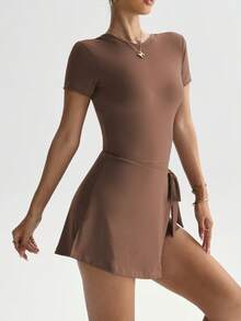 High Waist Butt Lifting Casual Sports Outdoor Yoga Short Sleeve Dress, Slim-Fitting Plain Fabric, All Seasons Wear - Brown - View 3