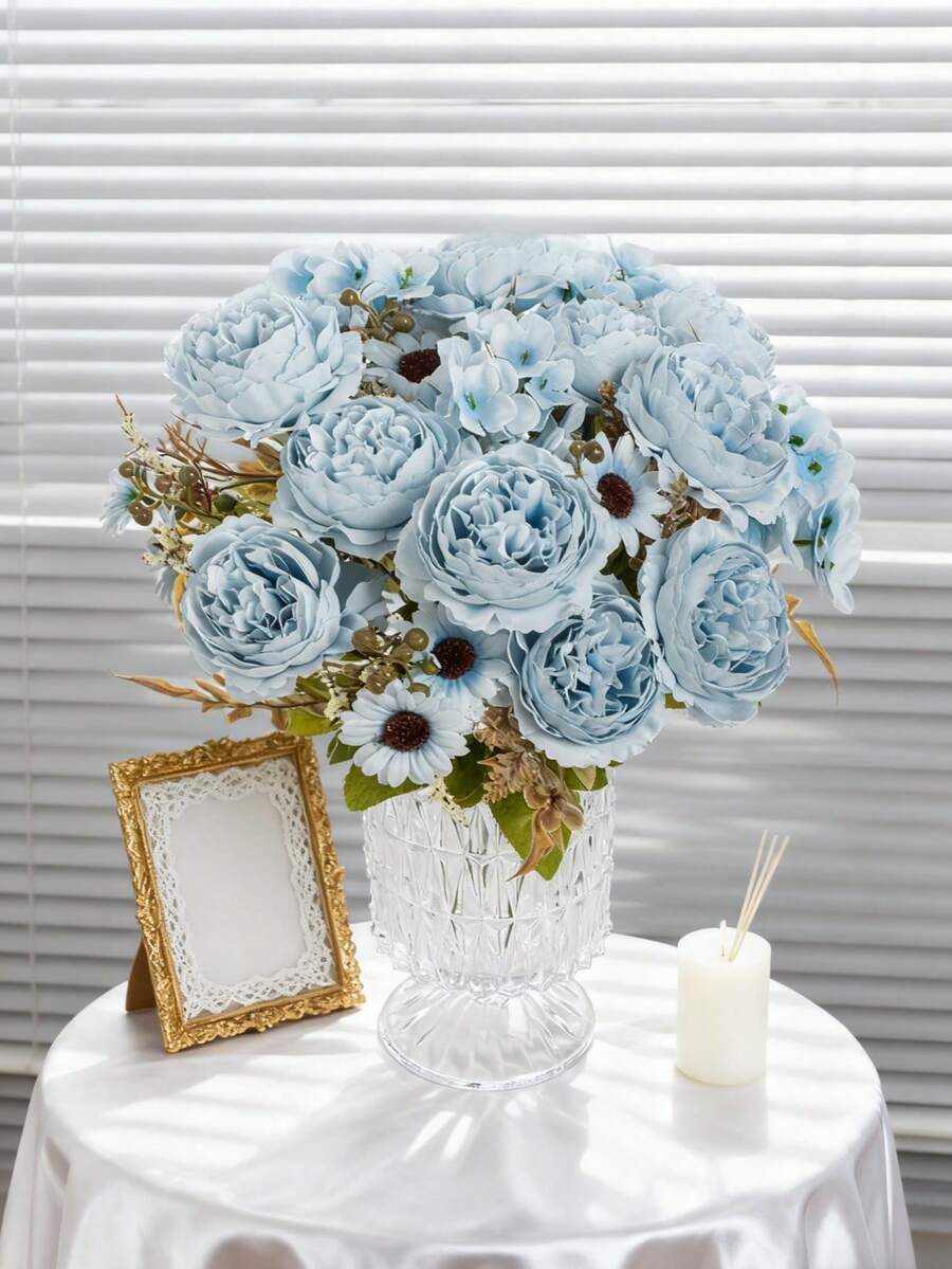 1/27PCS Artificial Flowers-Peony, Silk Peony, Fake Plants, Home, Dining Room, Living Room, Outdoor Garden Decoration,The Art Of Inserting Flowers, Photography Props, Autumn, Vase, Flower Wall, Flower Wreath, Bridal Bouquet, Wedding Decoration, DIY Flower Wreath Materials, Birthday Party Decoration Materials, Home Decoration Accessories - Blue - View 1