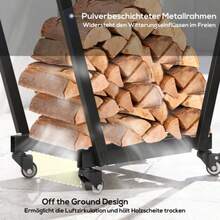 Outsunny Firewood Rack With Wheels 79 X 30 X 81 Cm, Firewood Rack For Garden & Patio, Black Metal, Including Kindling & Tool Hooks