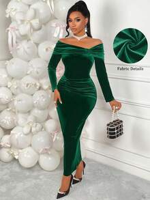 AIJ Stylish Velvet Long Bodycon Dress For Women, Featuring Off-Shoulder Neckline, Long Sleeves, And Ruched & Split Details For Parties - Dark Green - View 9