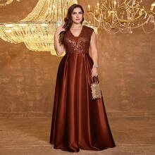 XUIBOL 亮片缎面拼接V领A字连衣裙，正式优雅大码女士晚礼服（重工装饰），适合舞会、婚礼宾客、毕业典礼、晚宴等场合。 - 鏽棕色 - 查看 8