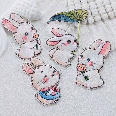 4pcs Embroidered Patch Badge, Adhesive Backing Patch For Clothing, Hats, Jackets, DIY Decoration, Cartoon Bowknot Rabbit Embroidered Patch Set, Suitable For Phone Cases, Bags And Apparel