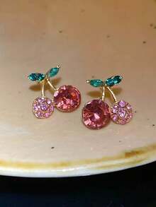 1 par de pendientes o clips para la oreja elegantes con cristales de cereza chapados en oro falso, adecuados para el uso diario o para citas - Multicolor - Ver 5