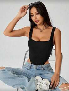 Women's Shaping Bodysuit With Square Neckline, Open Back, Straps, Tank Top Style, Sexy, For Parties, Events, And Festivals. - màu đen - Xem 2