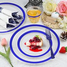 210 Pcs Black Plastic Dinnerware Set 30 Guests - Includes 30set Of Dinner Plates, Dessert Plates, Plastic Cups, And Black Pre - Rolled Napkins With Cutlery Set, Disposable Party Supplies - Màu xanh lam - Xem 5