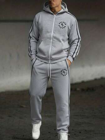 1 Set Men's Casual Sports Zip-Up Hoodie Sweatshirt & Straight Leg Sweatpants, Spring/Autumn, Black Stripe Contrast Color Print, Grey Jacket & Pants