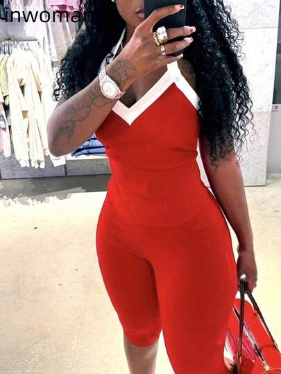 Inwoman Summer Panelled Elegant 2 Pieces Set Cocktail Party Outfits For Women Backless Halter Crop Tops Shorts Set