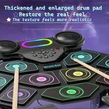 Electronic Drum Set, 9-Piece Rolled Up Electric Drum Pad Set, Christmas And Birthday Gift, Suitable For Adults And Students, Colorful, Comes With A Drum Stick, Rechargeable, Requires Speaker Connection For Sound Production - 黑色 - 查看 3