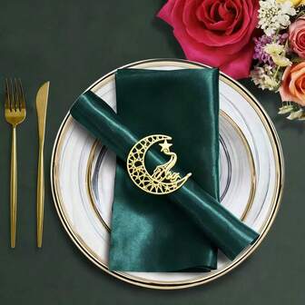 8pcs Gold Star & Moon Napkin Rings Set And 8pcs Olive Green Satin Napkin Set, Suitable For Ramadan, Engagement, Family, Friends Gathering, Ramadan Themed Party, Picnic