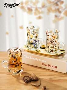 Dengcoo 3pcs Teacup And Saucer Set, Flower And Leaf Pattern Glass And Plate Set, Coffee Mug, Tea Cup, Water Cup, Milk Tea Cup, Cup With Handle, Gold Serving Tray, Snack Tray, Dessert Tray, For Home, Cafe, Saudi National Day - Cup - View 4