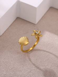 1 Pc Fashion Fishtail Shell Open Ring For Women Gold Color Stainless Steel Geometric Starfish Ring Summer Beach Party Jewelry Gift - Multicolor - View 10